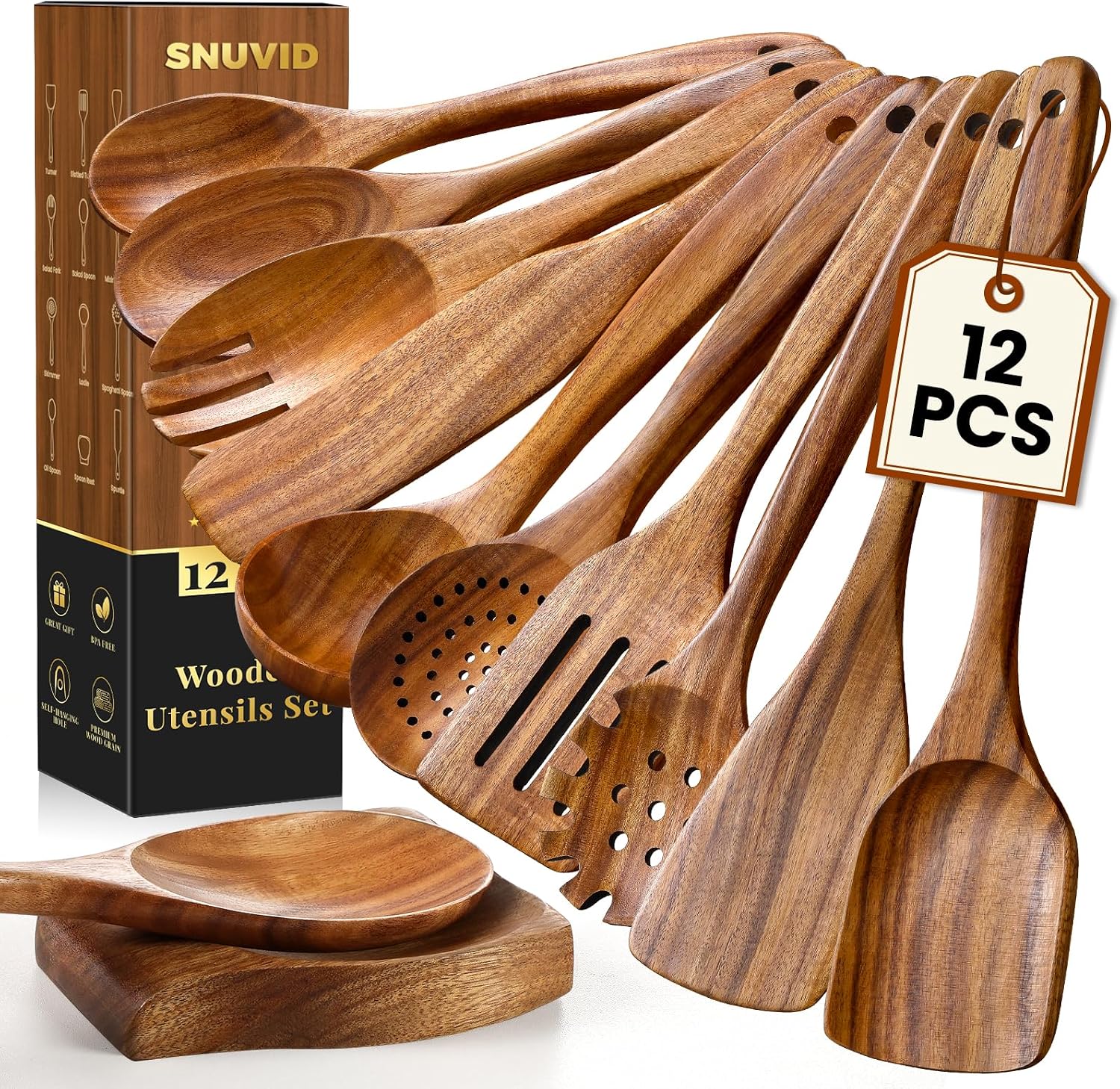 12 Piece Teak Wood Kitchen Utensil Set with Spoon Rest