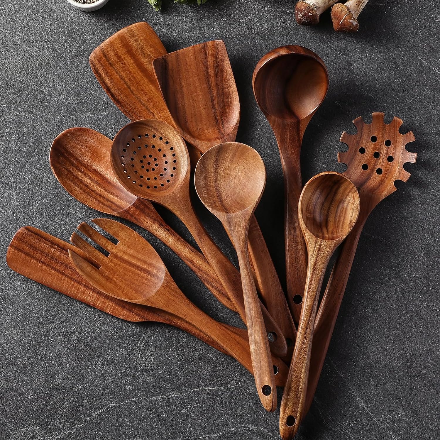 12 Piece Teak Wood Kitchen Utensil Set with Spoon Rest