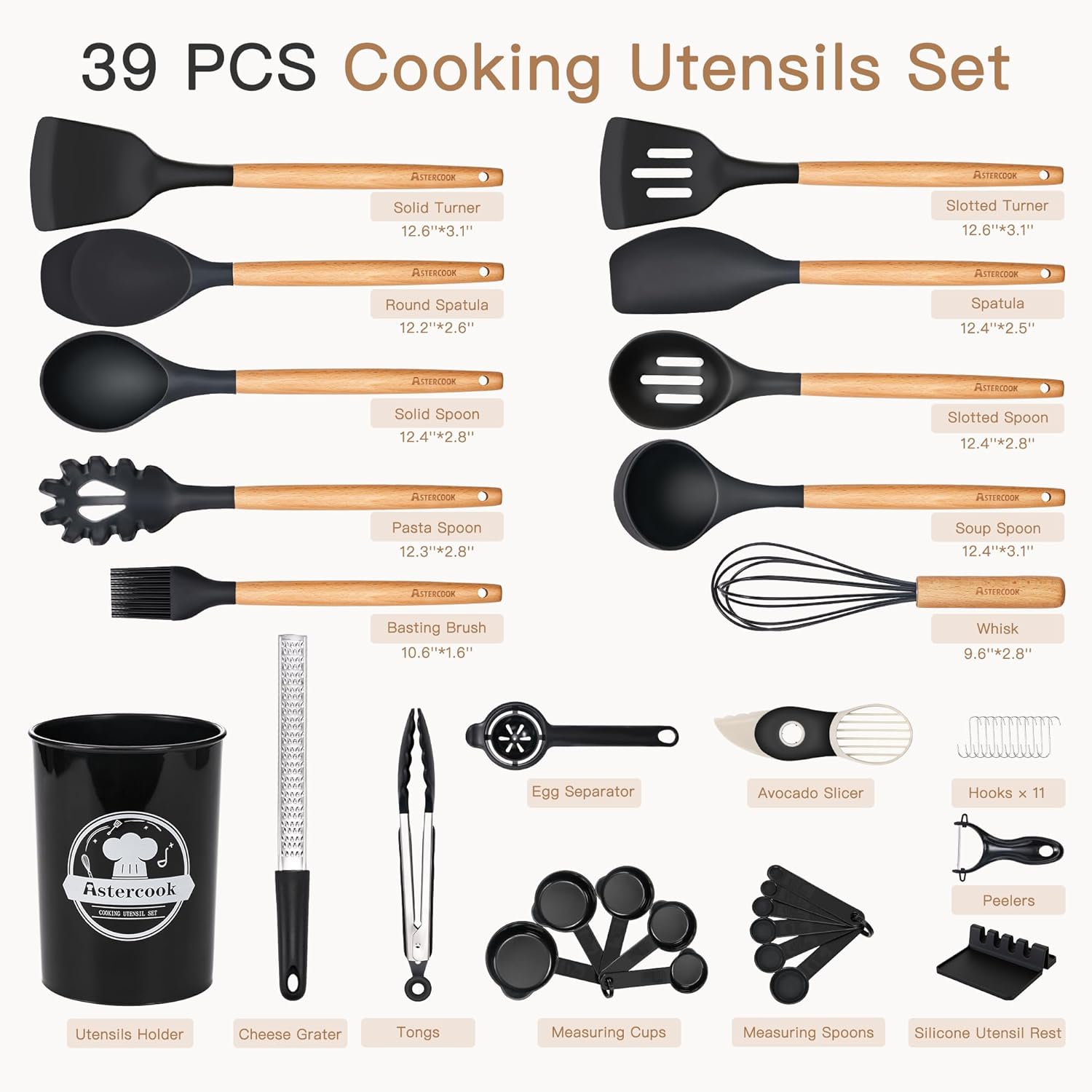 39 Piece Silicone Cooking Utensil Set with Wooden Handles