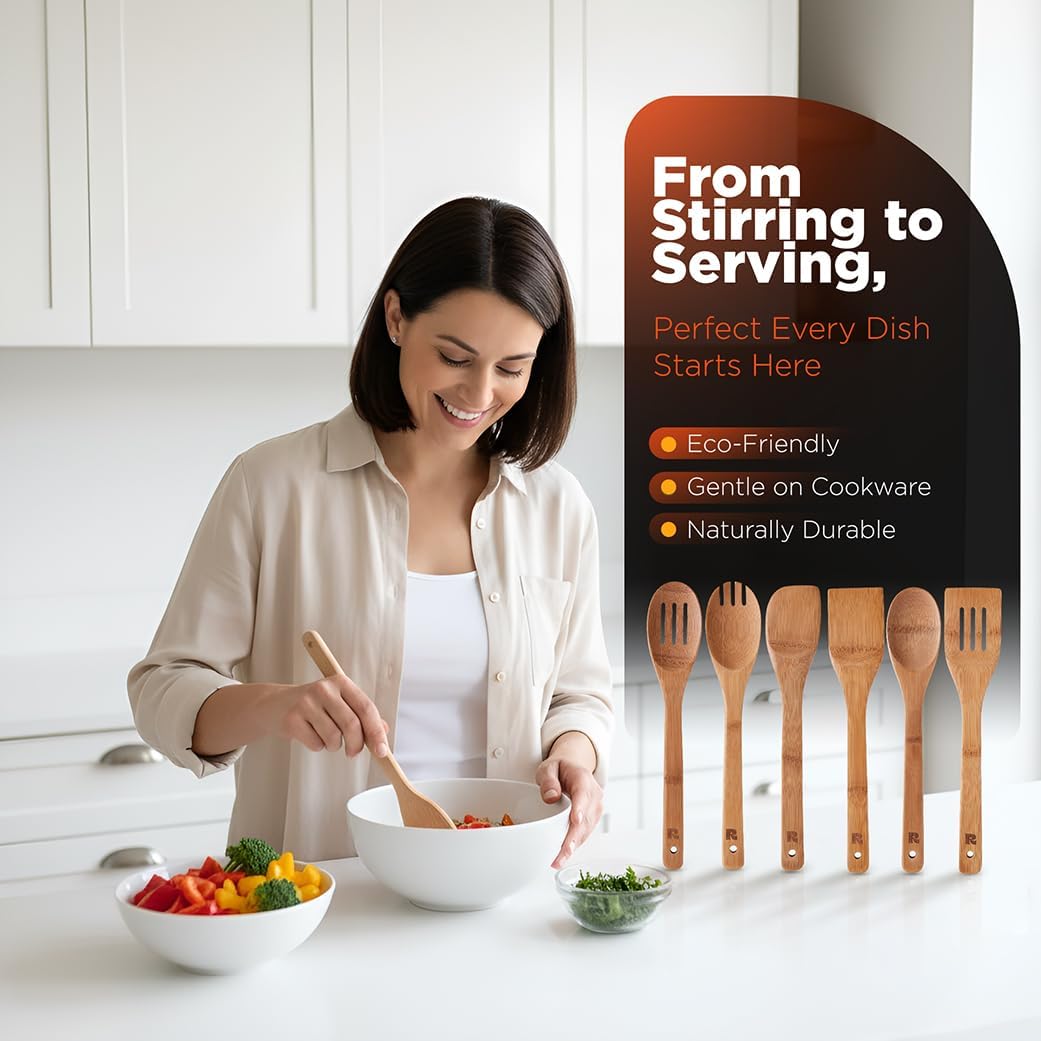 6 Piece Dark Bamboo Wooden Cooking Utensil Set