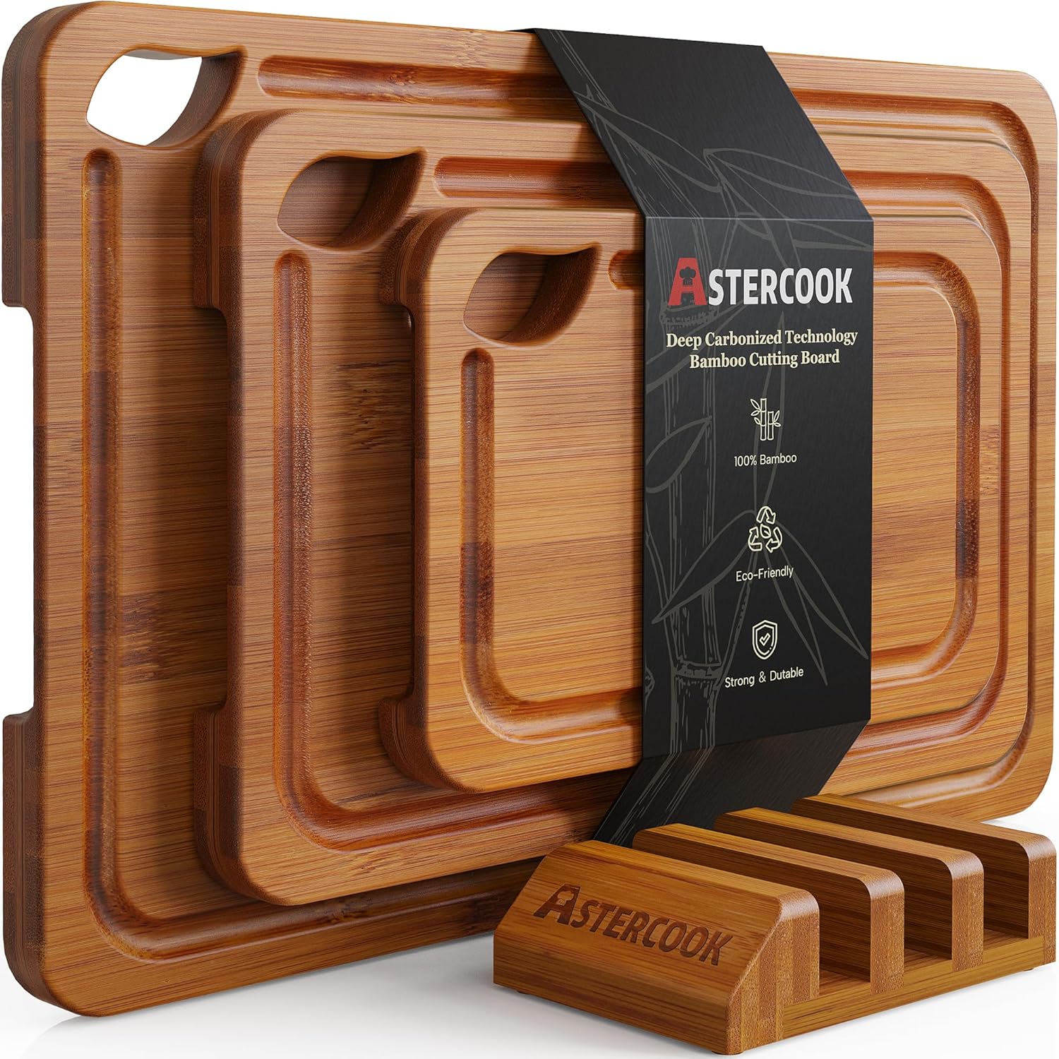 Bamboo Cutting Board Set with Wooden Storage Stand, Reversible