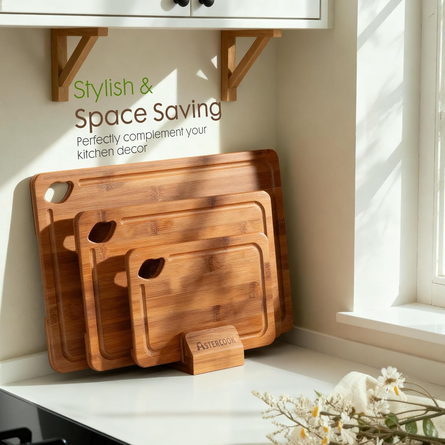 Bamboo Cutting Board Set with Wooden Storage Stand, Reversible